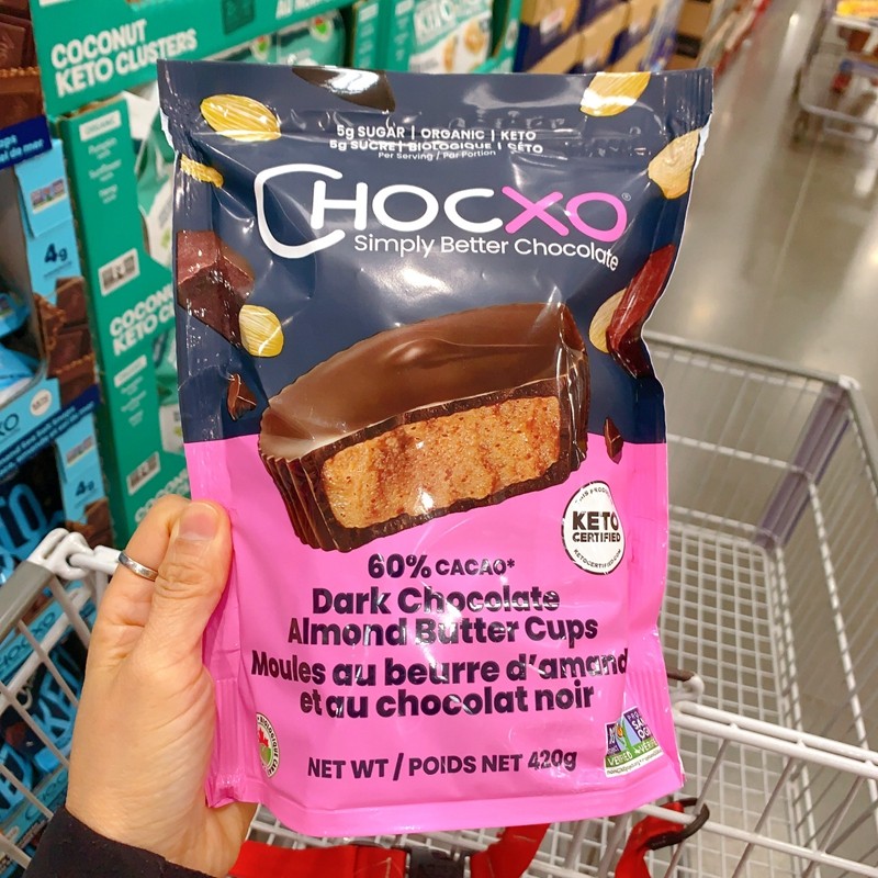 Canadian direct mail CHOCXO Keto almond sauce jacket dark chocolate cup ketogenic snack New package