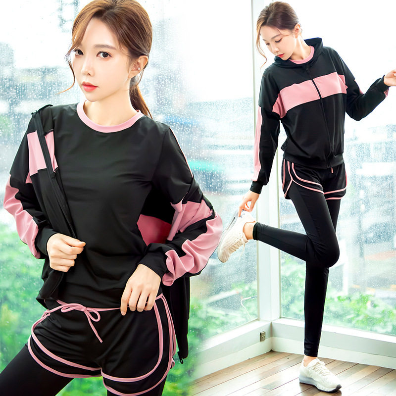 Yoga women's suit fitness running loose hoodie jacket shock-absorbing bra fake two-piece trousers female badminton clothing