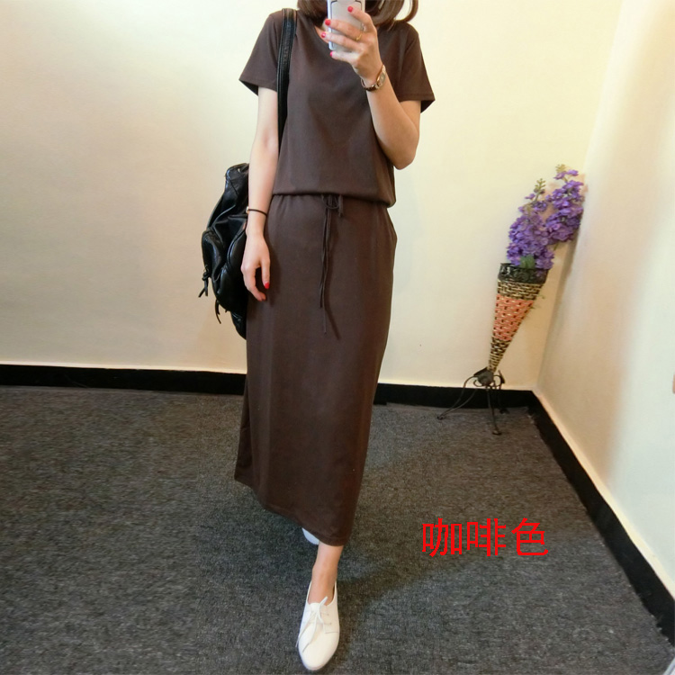 Váy hè 2018 của phụ nữ trong phần dài của cotton slim dress giản dị tay ngắn mopping váy đầm váy xòe liền thân dáng dài