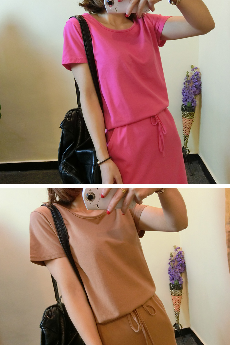 Váy hè 2018 của phụ nữ trong phần dài của cotton slim dress giản dị tay ngắn mopping váy đầm váy xòe liền thân dáng dài