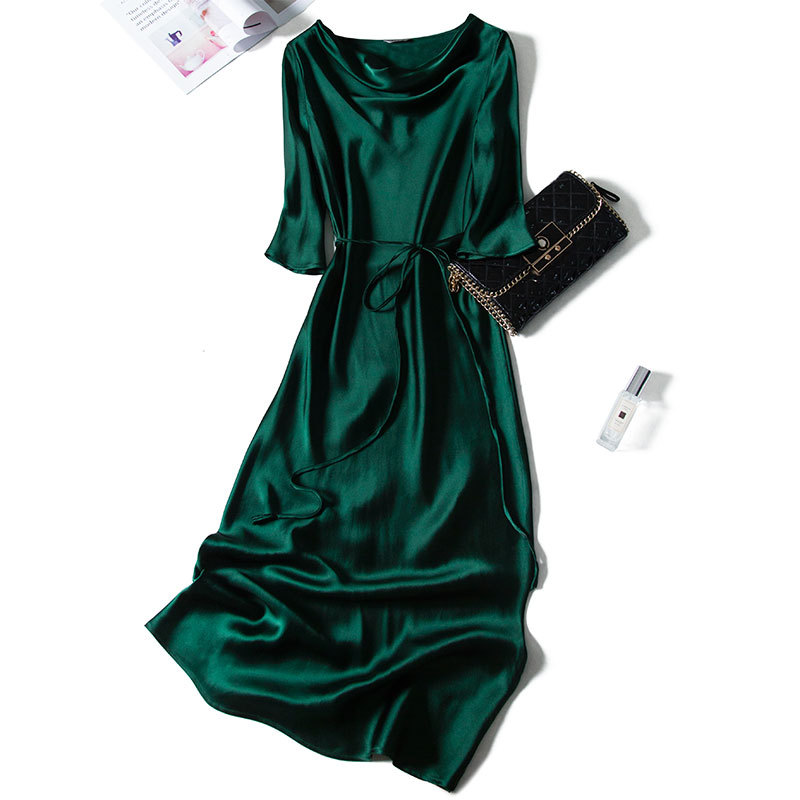 # LAOSHU / Satin Silk Mulberry Silk Long Skirt with Simple Elegant and Slim Pure Color Swing Collar Long-Sleeved Strappy Dress