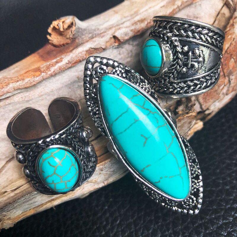 Bohemian Ethnic Style Retro Silver Ring Exaggerated Marquise-Shaped Female Personalized Turquoise Ring Jewelry Ring
