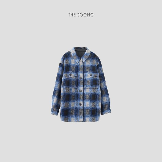 THESOONG classic retro polo collar blue plaid woolen coat autumn and winter loose loose pocket top for women