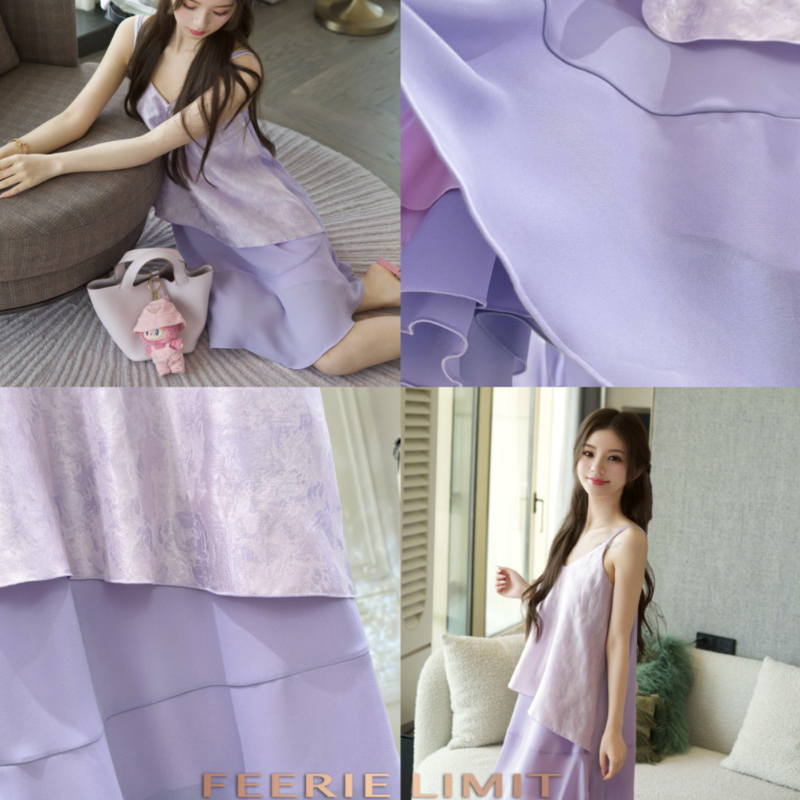 Feerie Limit Limited Edition Lavender Light Purple Pearlescent Jacquard Layered Skirt Loose Dress