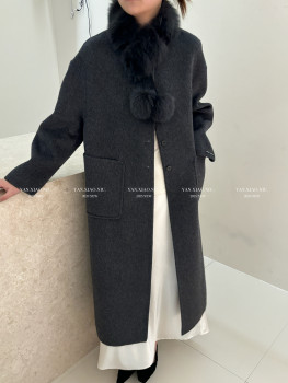 8527 winter korean style versatile temperament real fur collar scarf double-sided wool coat long slim woolen coat for women