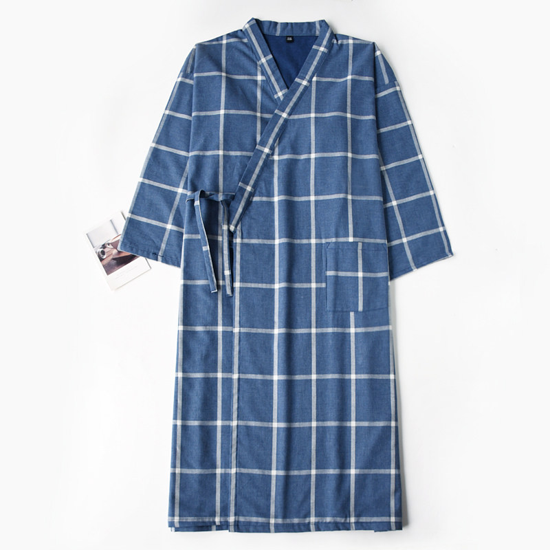 Day-style minimalist grid sleeping robe men's spring autumn season encrypted pure cotton cotton cloth bilayer bathrobe palate sweaty sweaty sweaty