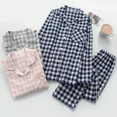 Japanese style couple pajamas spring and summer cotton yarn thin men's women's cotton double gauze Plaid home clothing set