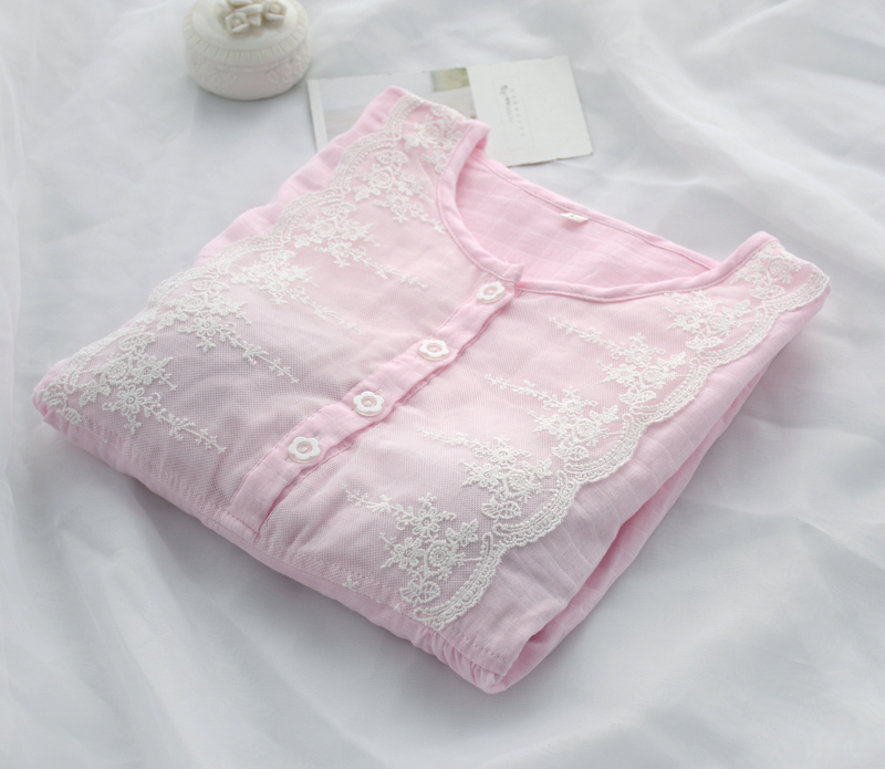 Công chúa Nhật Bản với ngực pad ngắn tay ren nightdress phụ nữ mùa hè bông hai lớp gạc mỏng đồ ngủ nhà dịch vụ