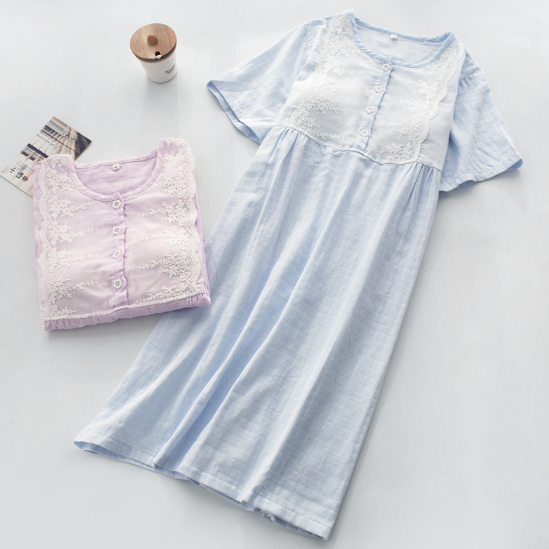 Công chúa Nhật Bản với ngực pad ngắn tay ren nightdress phụ nữ mùa hè bông hai lớp gạc mỏng đồ ngủ nhà dịch vụ