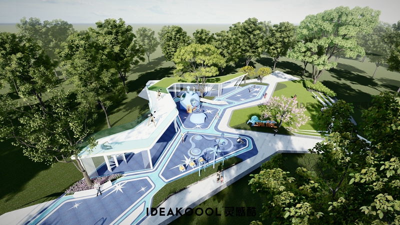 现代多边形儿童活动场地廊架看护区滑梯SU模型丨