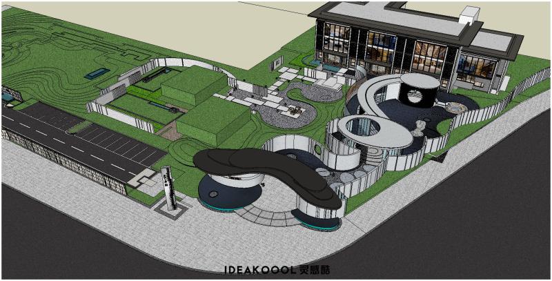 现代曲线式售楼处展示范区住宅入口大门廊架景观效果图草图SU模型丨