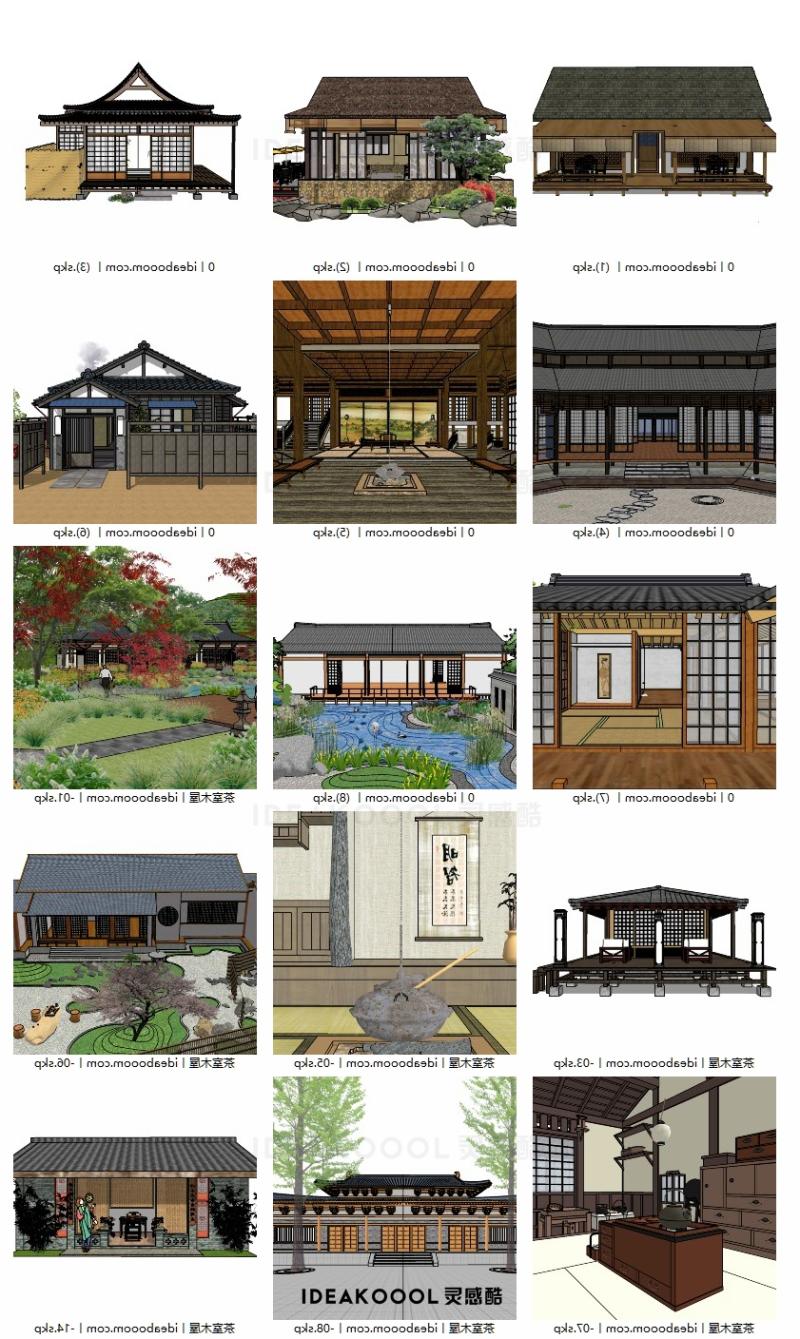 日式茶室民宿客栈丨中式温泉度假村寺院建筑SU模型丨