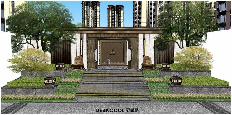 大境展示范区售楼处居住区入口大门台阶景观效果图草图SU模型丨