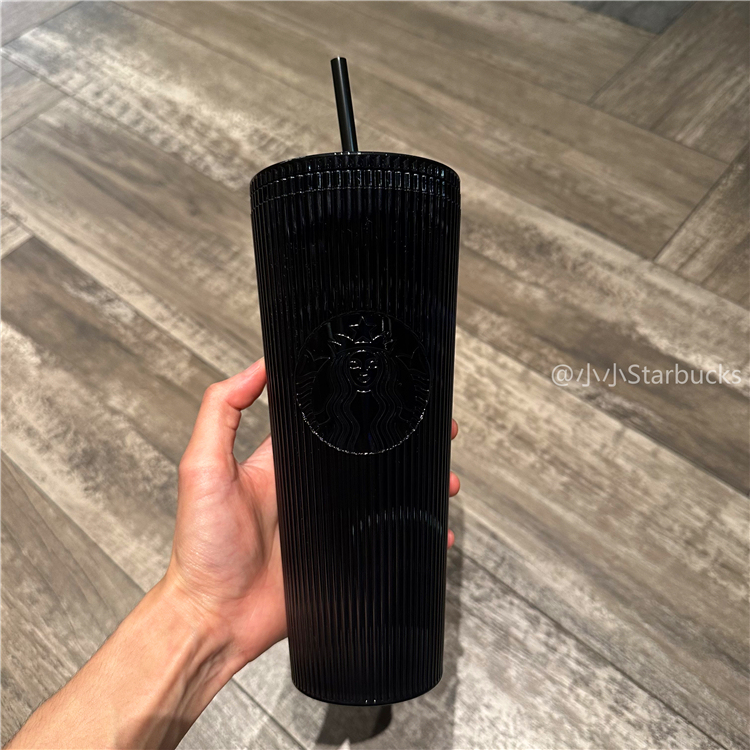 2024 Starbucks Valentine's Day Cool Black Straw Cup with Vertical Stripes, Coffee Desktop Office Large-Capacity Drinking Cup, Simple Design