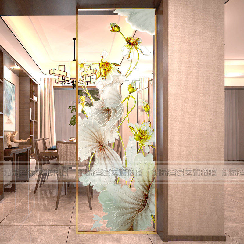 Customize modern new Chinese steel culture transparent light transmission engraving art glass decoration partition wall screen living room lotus flower