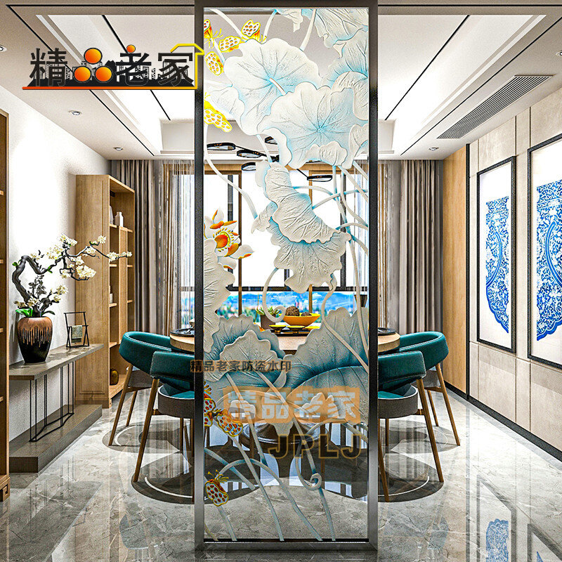 Modern Chinese style transparent tempered art carved glass partition wall screen home dining room kitchen living room lotus