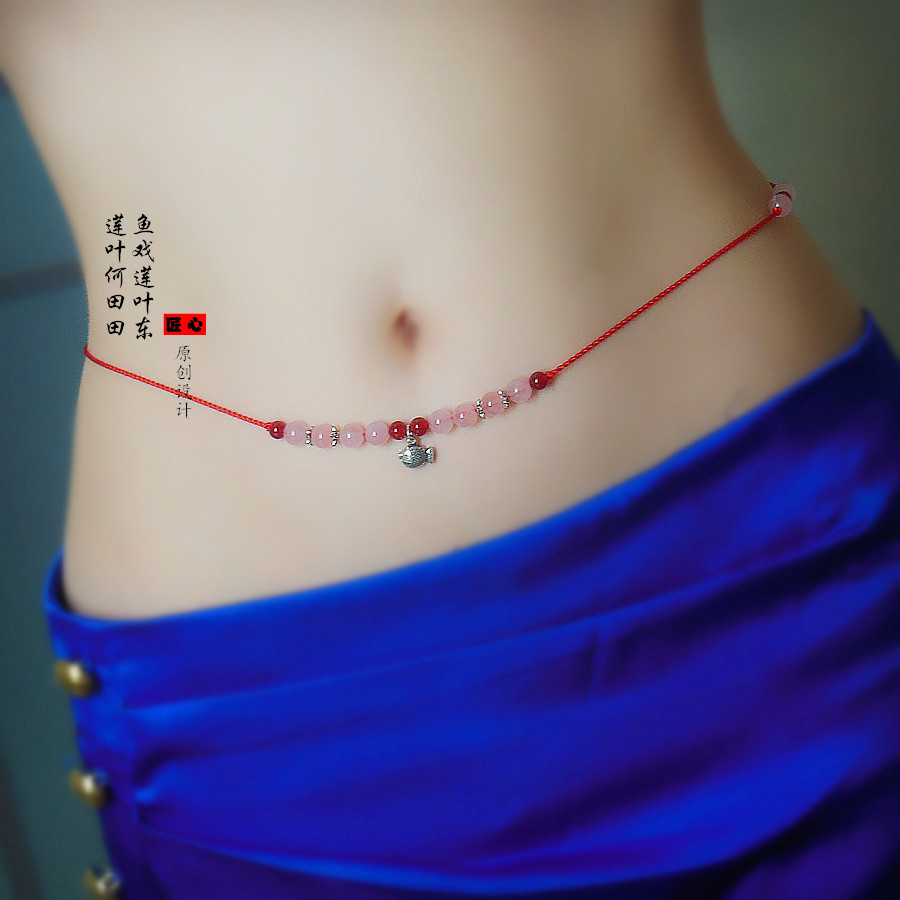 Fish play waist rope red rope waist chain female natural powder crystal agate silver fish belt handmade custom silver decoration gift grain adjustment