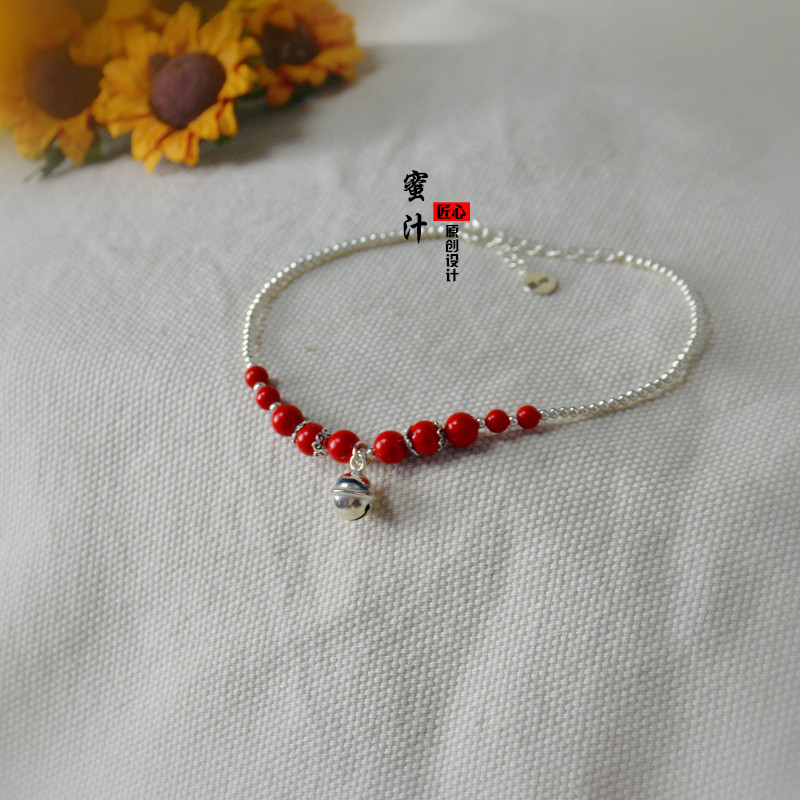 Chinese style hand chisel big red cinnabar skin white sterling silver bell with style personality decoration girlfriend girlfriend original gift