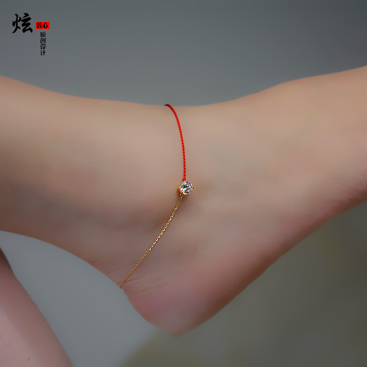 18K gold foot chain zircons drill ultra-shiny pure gold pure hand woven red rope foot decoration girl's annual upscale gift