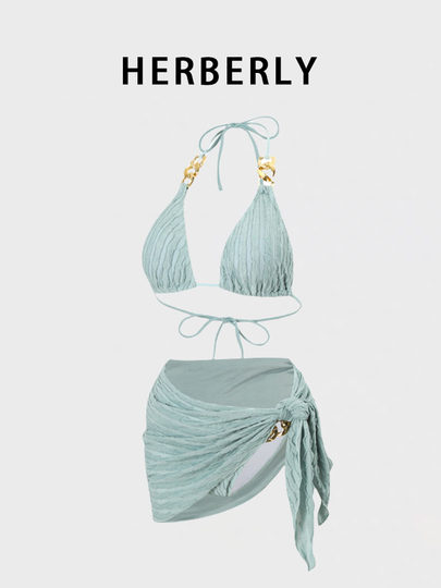 HERBERLY泳装纯欲风小胸绑带聚拢比基尼泡温泉分体泳衣裹裙三件套