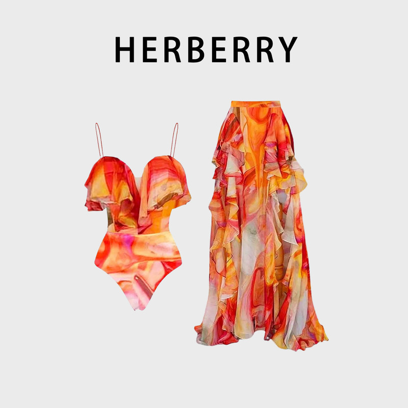 Herberry Swimwear Retro Fashion Tie-Dye Print Strap Bikini Hot Spring Vacation Stunning One-Piece Swimsuit Dress