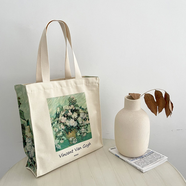 Van Gogh Rose Oil Painting Canvas Bag ຄວາມອາດສາມາດຂະຫນາດໃຫຍ່ Portable Versatile Shopping Bag Zipper Shoulder Bag Man and Female Student School Bag