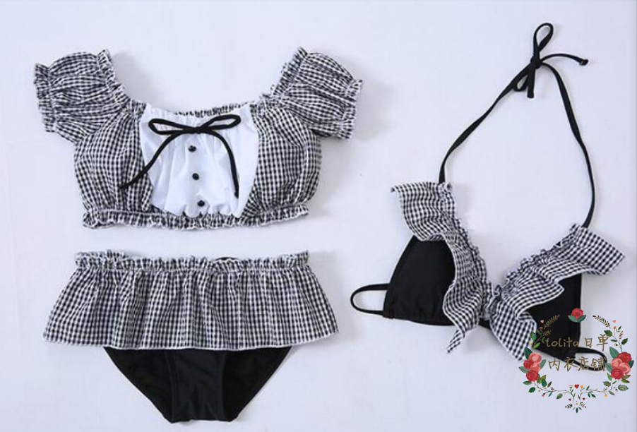 King's heart Ling sweet bikini Japanese soft girl cute black plaid sweet and split three-piece swimsuit with chest cushion-Taobao