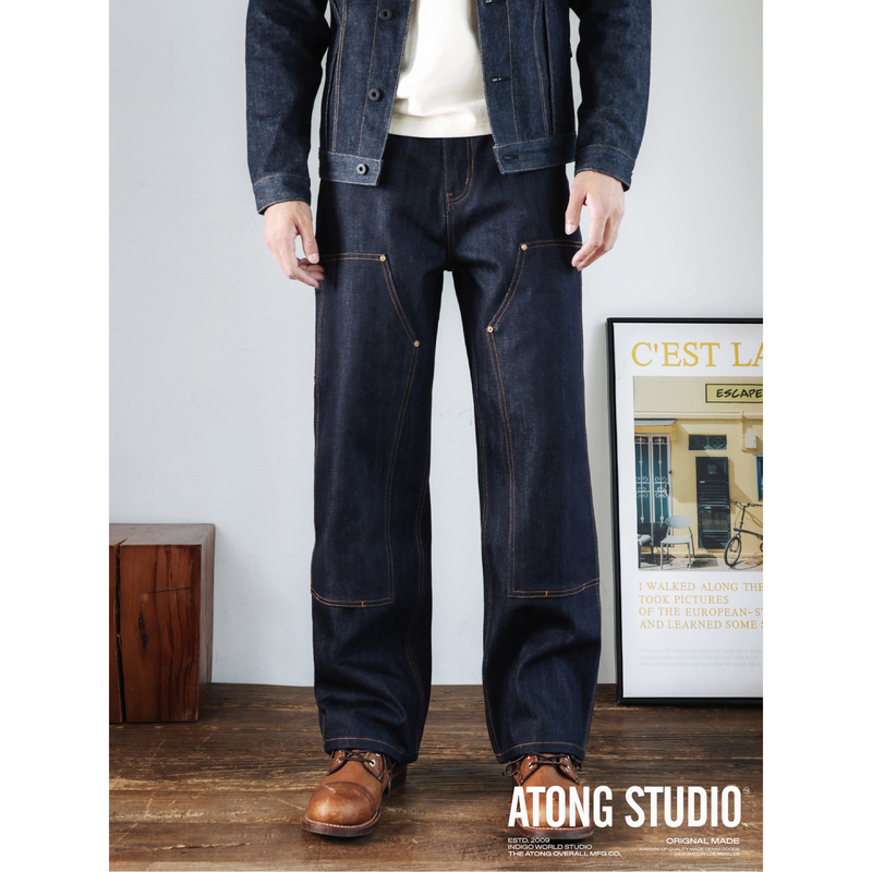 Atong American Style B73 Version Unbleached 15.5oz Raw Denim Double-Knee Vintage Straight-Leg Jeans for Men