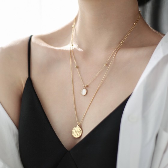 2023 cold style double-layered letters natural cat's eye stone gold sweater chain simple long necklace women's summer Valentine's Day