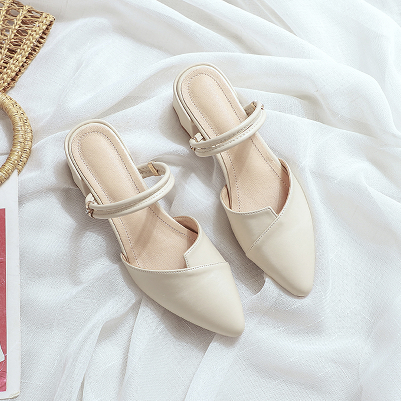 Women's Summer Sandals with Closed Toe, Suitable for Wearing with Dresses, Stylish Chunky Heel, Pointed Toe, Slip-On Mules, High Heels