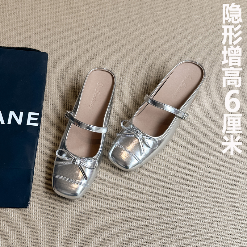 Genuine Leather Closed-Toe Mules for Women, Summer Outdoor Wear, Fashionable Chunky Heel, Height-Increasing, Versatile Bow-Knot Mules, High-Heeled Sandals