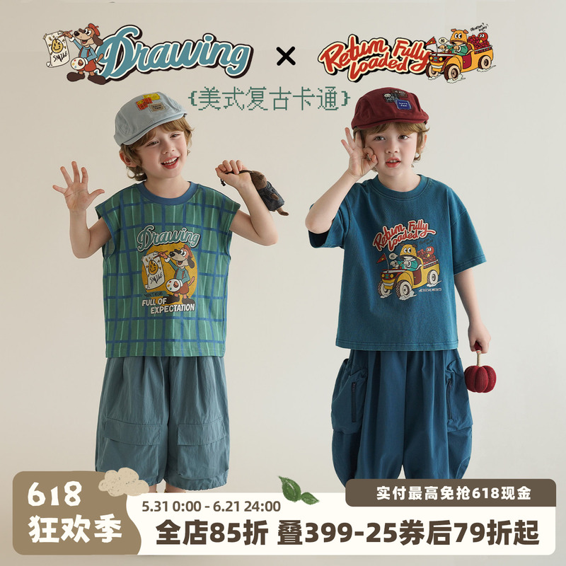 Yantaijia Boys' All-Cotton Class a Summer Sleeveless Vest 2026 New Children's Cartoon Print Drop Shoulder T-Shirt Thin