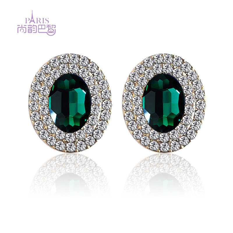 Korean exquisite super flash emerald sapphire sapphire large ear pin oval earrings hypoallergenic temperament celebrity ear clip ear buckle