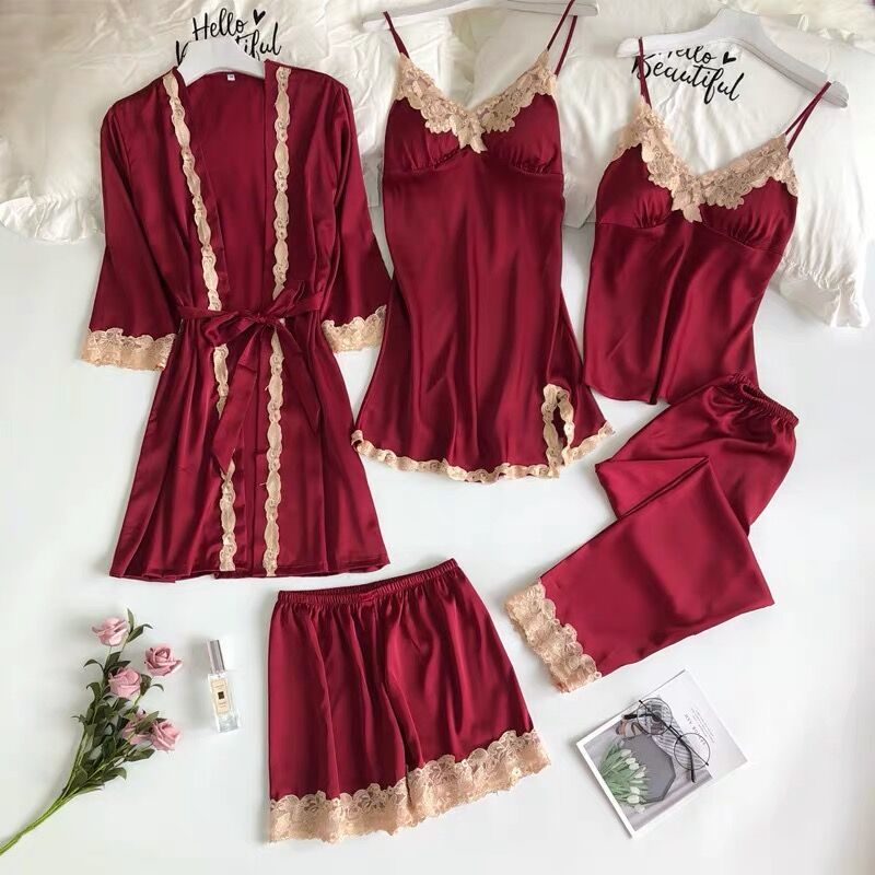 Pajamas women's summer sexy five-piece night dress suspender ice silk thin section women's suit with chest pad spring and Autumn home clothes women