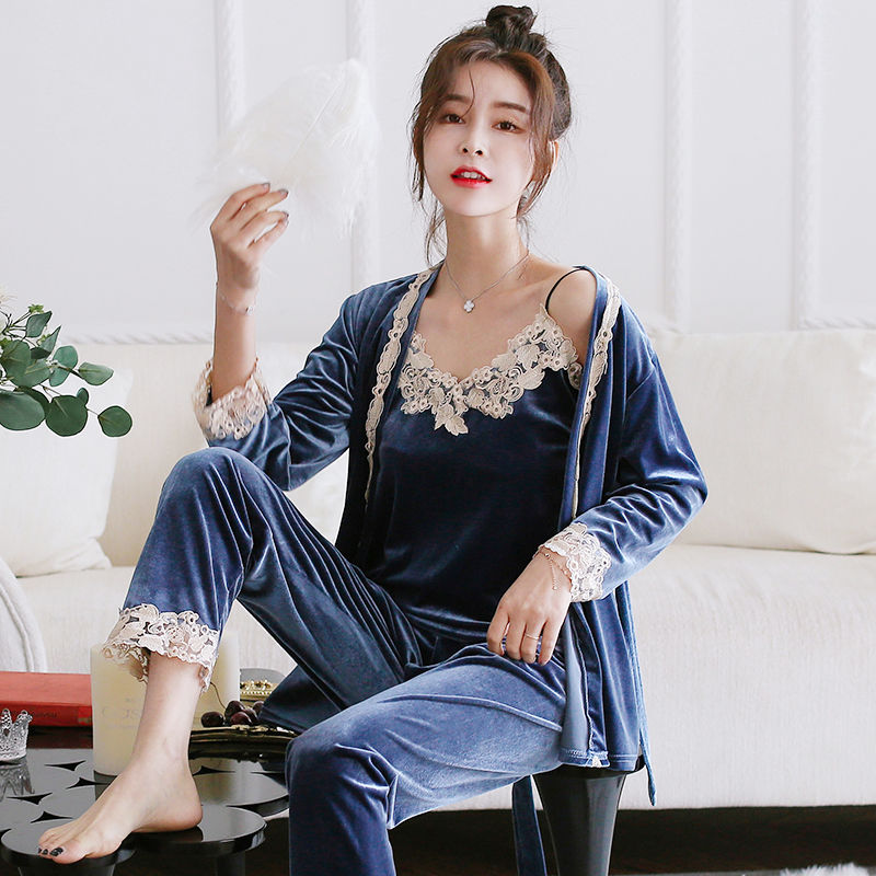 Golden Velvet Pyjamas Woman Fall Suit Long Sleeve Sexy Harness Three Sets Student Korean Version Lady Winter Home Clothing