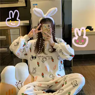 Pajamas women's 2021 winter Korean cartoon rabbit long-sleeved thickened plus velvet suit ins wind flannel home wear 1