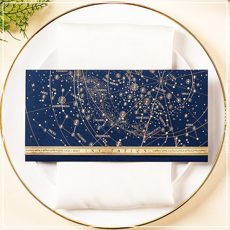 Meritocracy Blue Brown Hot Gold 2019 Creative Knot Wedding Invitation Letter Please Post Custom Constellation Starry Sky Print Invitation