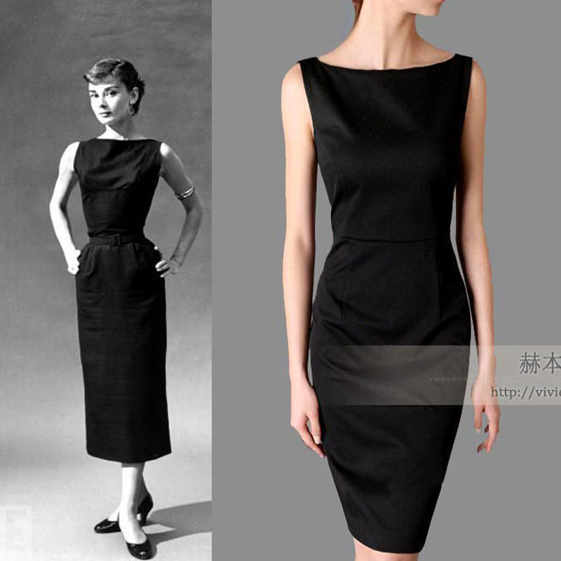An Elegant Sleeveless Black Dress with a Fitted Silhouette, Boat Neck, and Hepburn-Style Little Black Dress