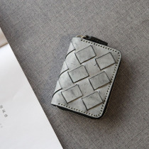 Polish Wax Cow Leather Handmade Woven Key Bag Genuine Leather Big Plaid Woven Wallet Art Retro Style