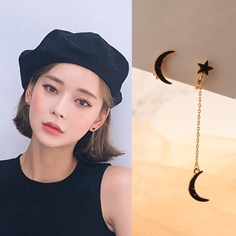 Korean Korean Han Edition Asymmetrical Long Black Water Diamond Star Moon Without Ear Holes and Silver Needle Temperament Headjewelry Girls