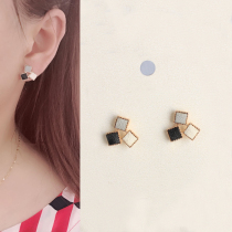 Korean Korean leather block stitching earrings ins Wind minimalist temperament color matching color without ear hole ear clip earrings