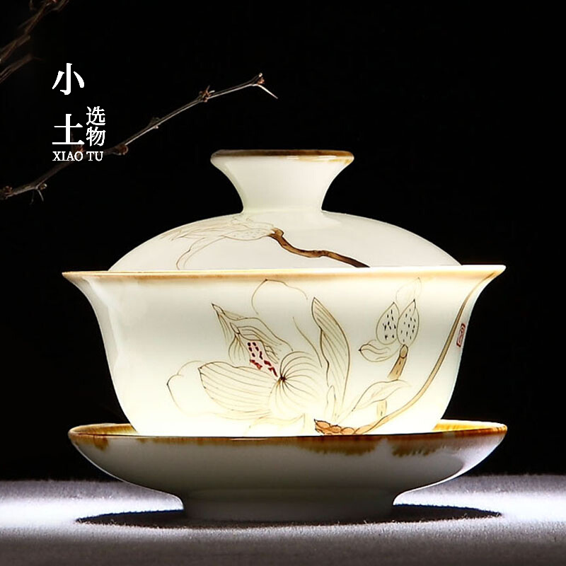 White Porcelain Single Covered Bowl Tea Cup Hand-painted Antique Sancai Bowl Tong Tea Bowl Japanese Tea Set Set Tea Bowl 120ml