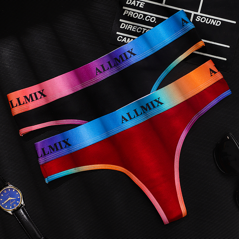 Sexy Rainbow Letter Low-Waist Thong Women's Cotton Seamless Sports Fitness T-Pants
