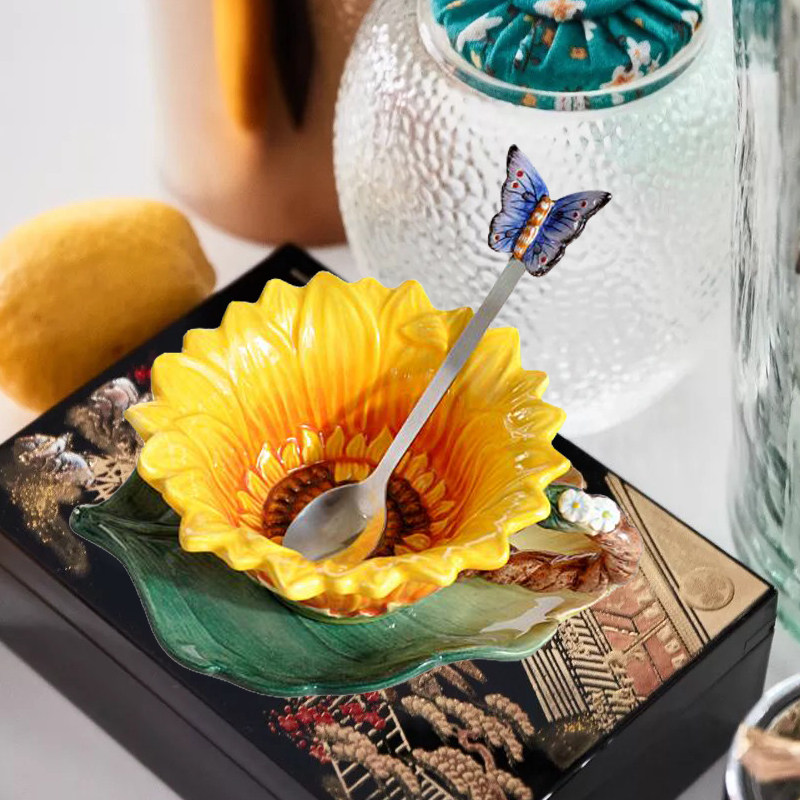 American Sunflower Sunflower With Spoon Coffee Cup Dish Featured Handmade Ceramic Coffee Cup Water Glass Upscale Gift
