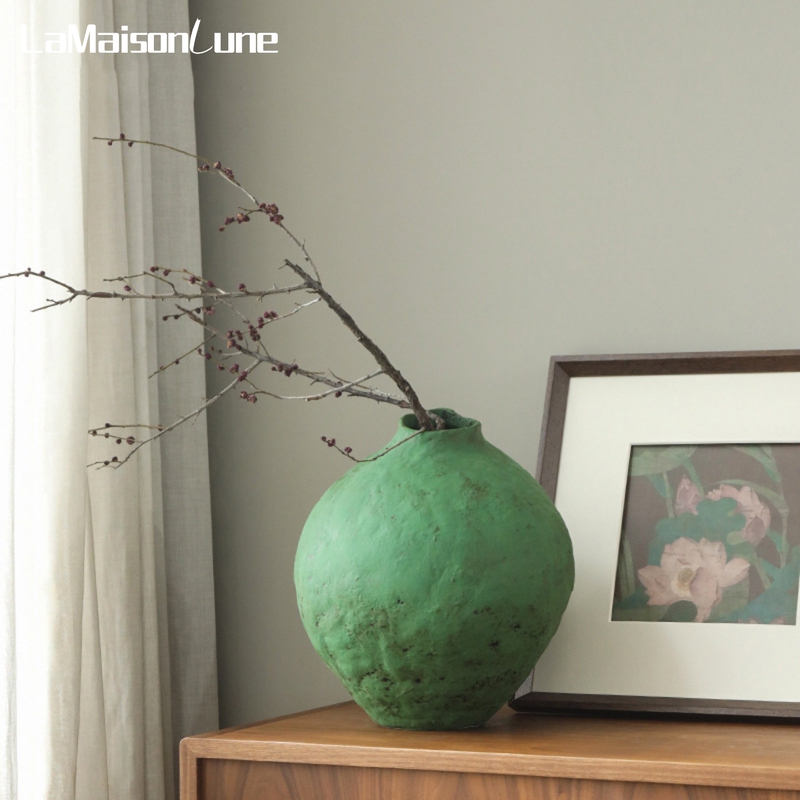 Nordic Retro Frosted Green Coarse Pottery Large Vase for Living Room, Guesthouse, Hotel, Wabi-Sabi Style Soft Decoration, Handmade Ceramic Flower Vessel
