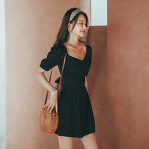 Socialite black sexy short-sleeved swimsuit slim belly thin one-piece skirt style hot spring resort swimsuit women