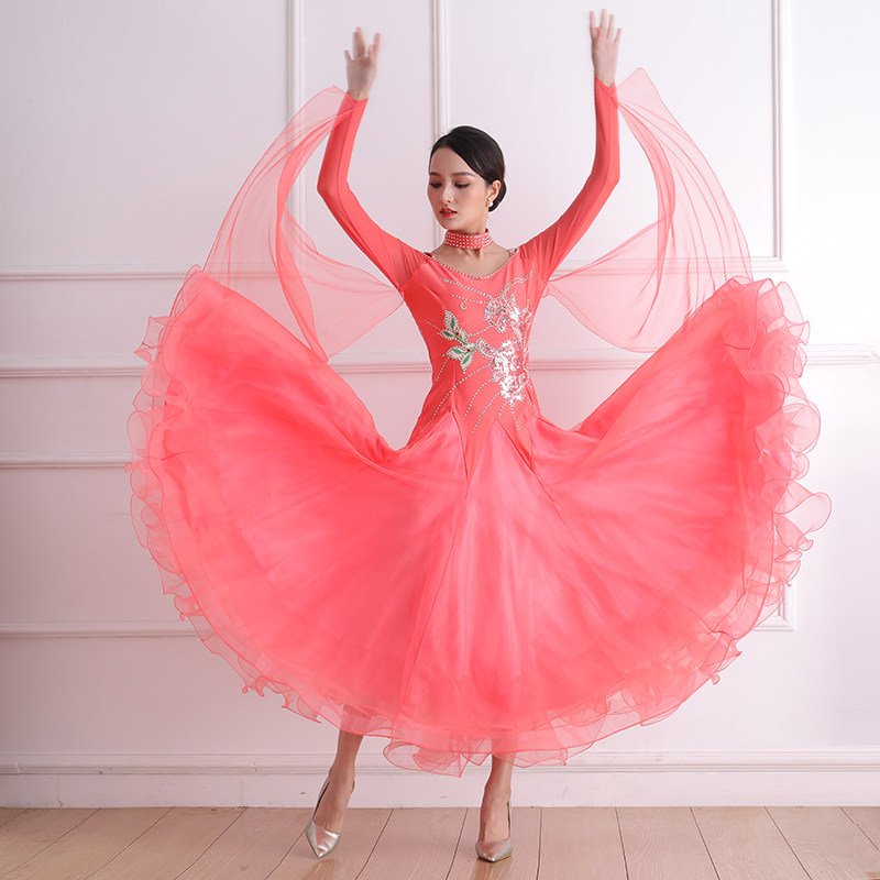 Spring and autumn new modern dance dress national standard dance performance dress diamond-studded social dance waltz long skirt practice skirt