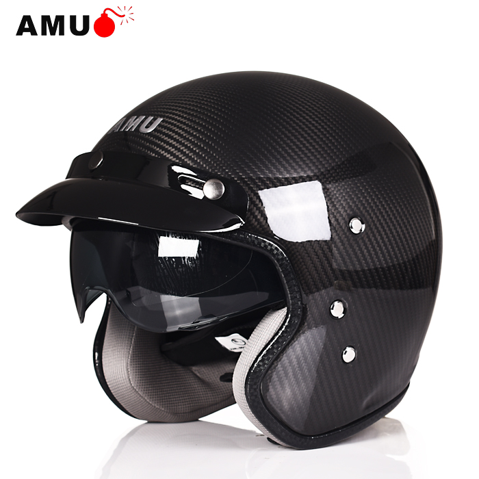 AMU carbon fiber helmet male and female semi-helmet locomotive helmet summer half-covered locomotive retro ear protection Four Seasons
