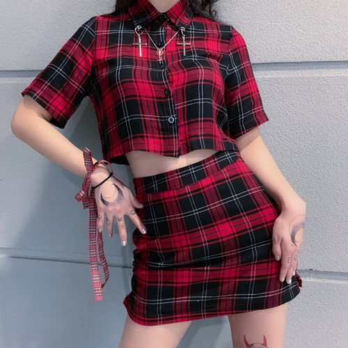 Miub Independently Designed Dark Cross Retro Crop Top Set, Tough Girl Plaid Preppy Style Two-Piece Set for Women