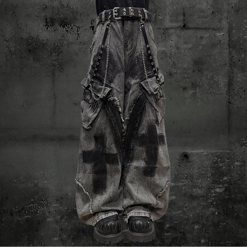Miub American Street Wasteland Style Splatter Ink Frayed Loose Jeans Unisex Y2K Hand-Painted Graffiti Wide-Leg Pants